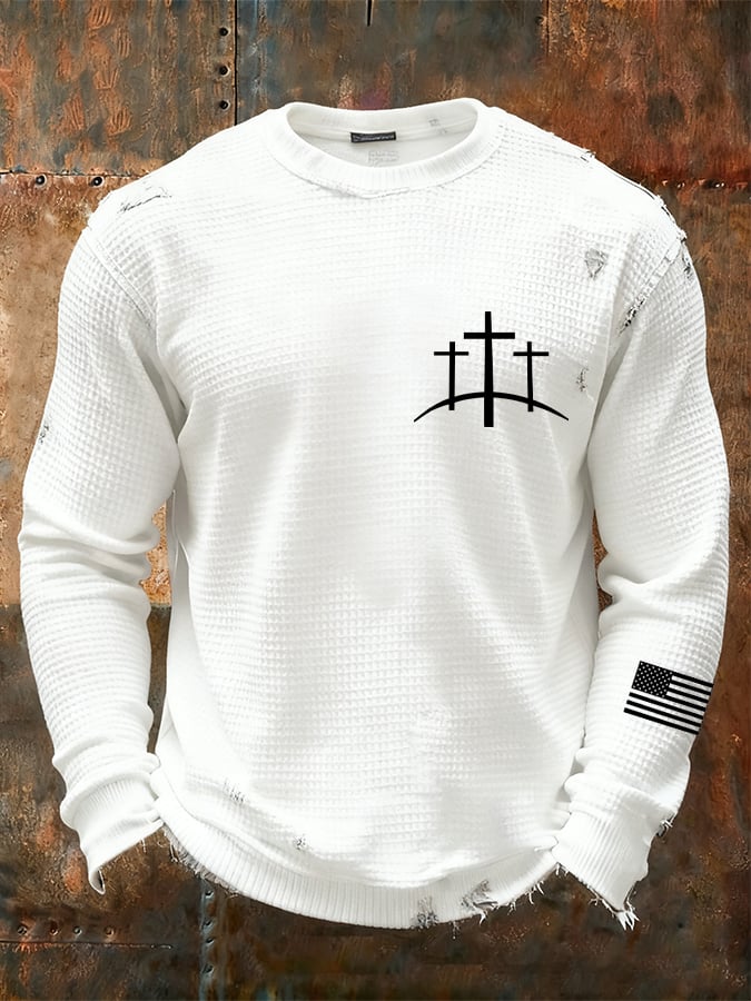 Men's Vintage Faith Cross Design Waffle Fabric Long Sleeve T-Shirt