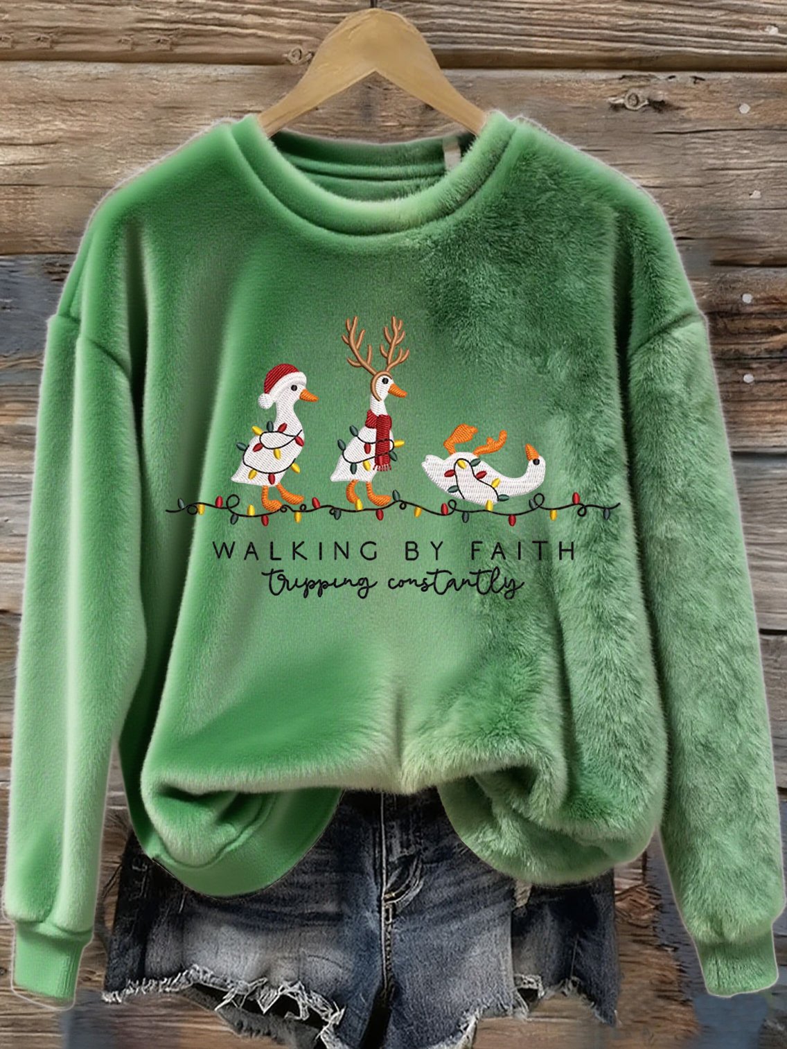 Women's Christmas Duck Walking By Faith Tripping Constantly Print Plush Sweatshirt