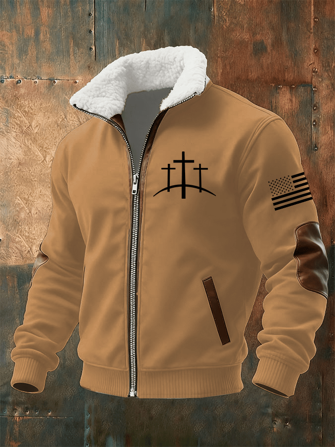 Men's Retro Faith Print Fur Collar Zip-Up Sweatshirt Jacket