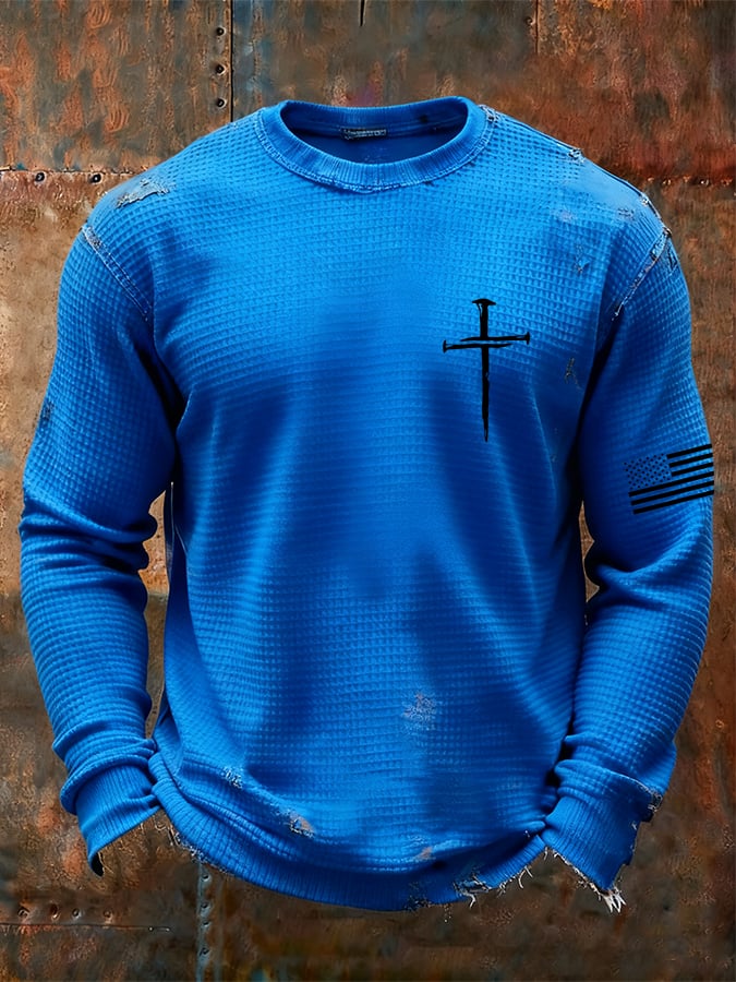 Men's Vintage Faith Cross Design Waffle Fabric Long Sleeve T-Shirt