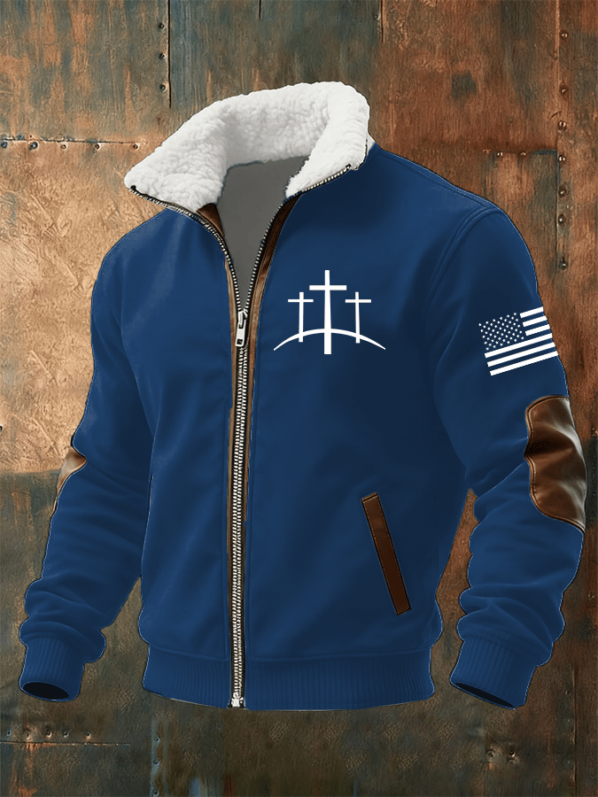 Men's Retro Faith Print Fur Collar Zip-Up Sweatshirt Jacket