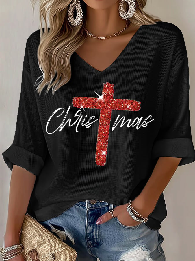 V-Neck Retro Christmas Faith Cross Print T-Shirt
