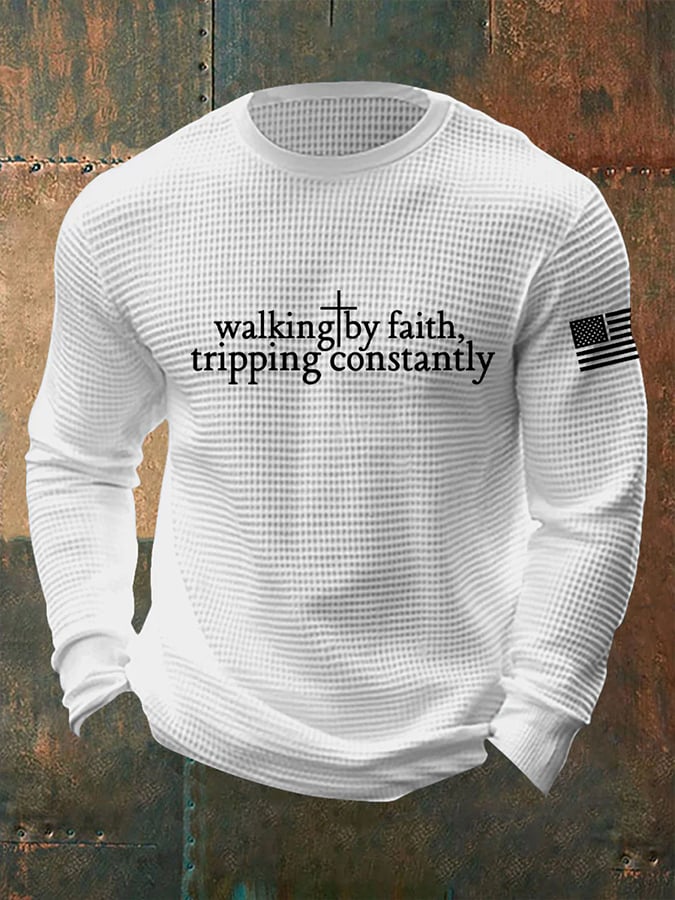 Men's Retro Walking By Faith Tripping Constantly   Faith Print Casual Long-Sleeved Top