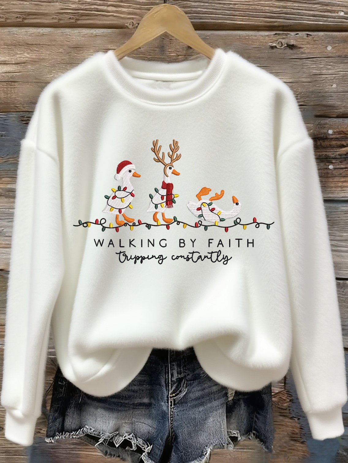 Women's Christmas Duck  Walking By Faith Tripping Constantly  Print Plush Sweatshirt