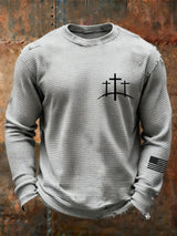 Men's Vintage Faith Cross Design Waffle Fabric Long Sleeve T-Shirt