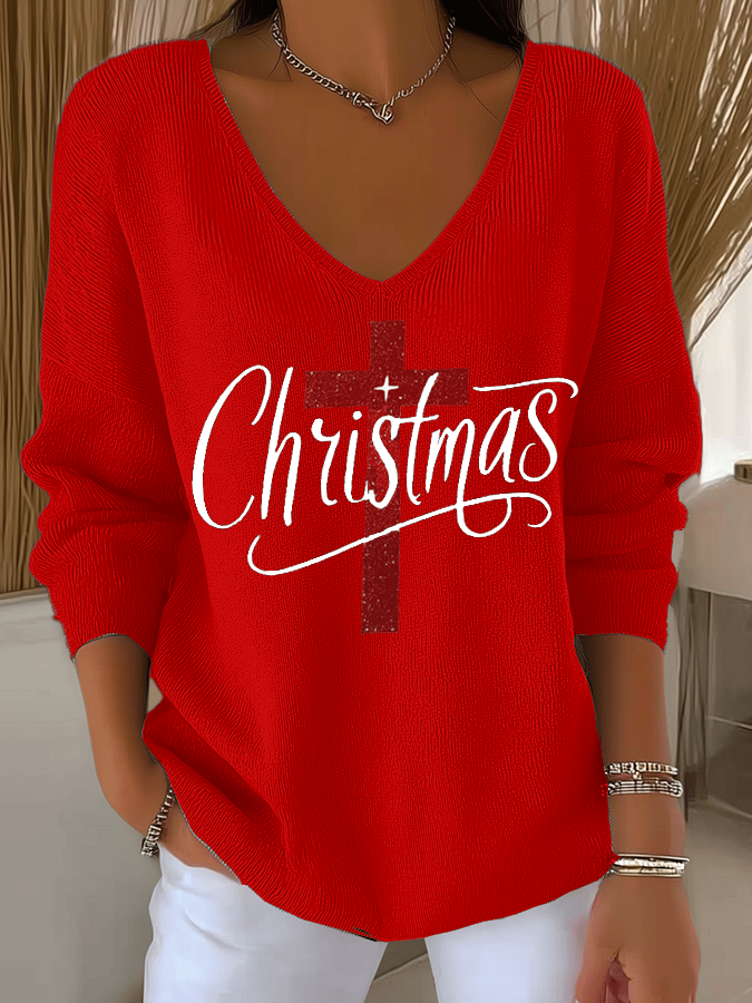 Women's Christmas Faith Print Knit Long Sleeve Top