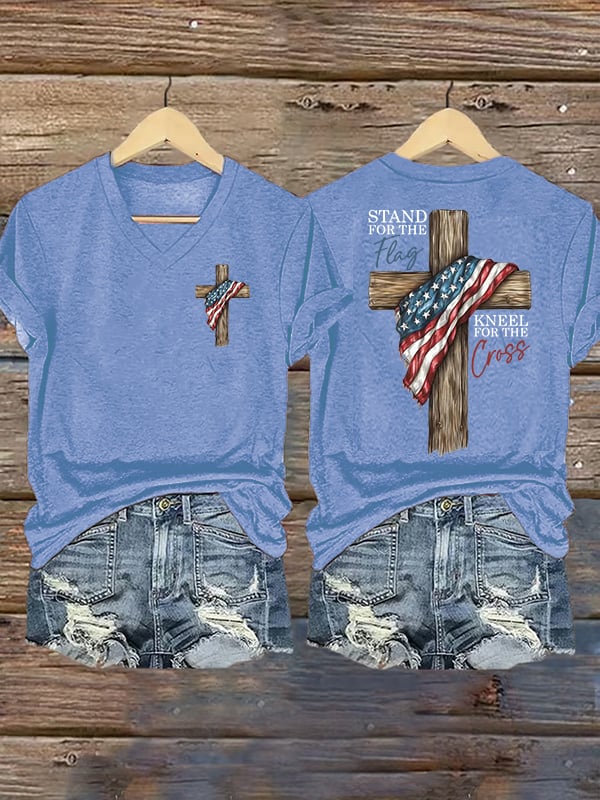 Women's Stand For The Flag Kneel For The Cross Printed Casual T-Shirt