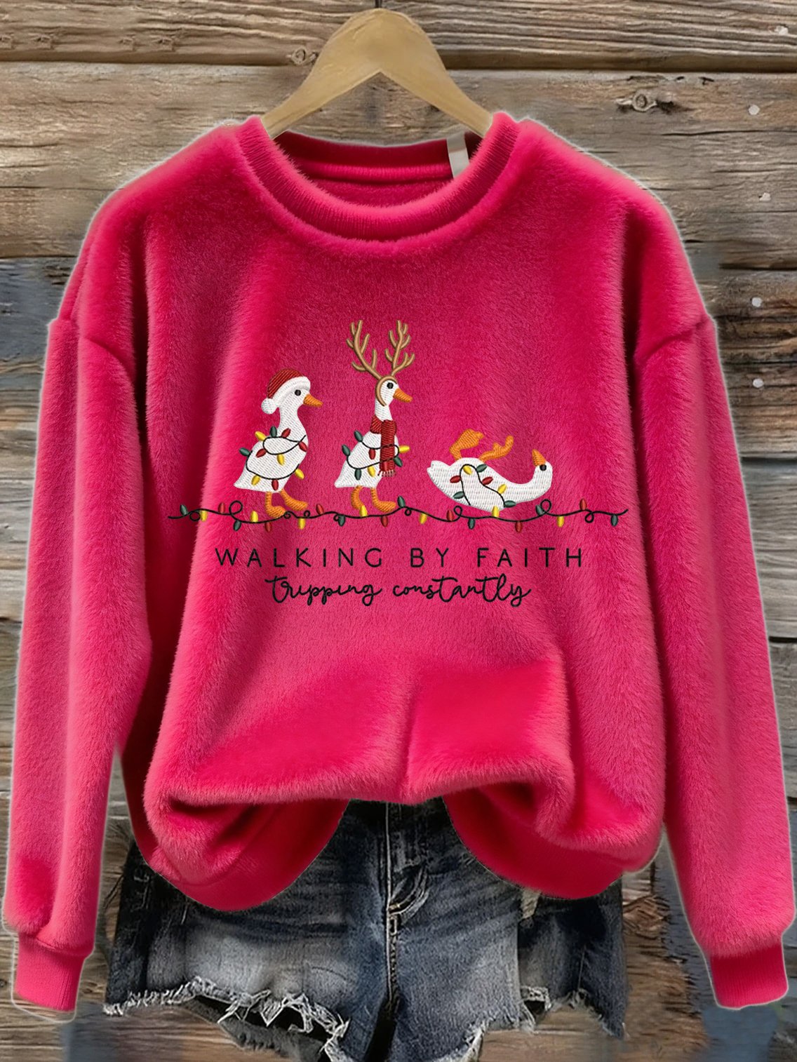 Women's Christmas Duck  Walking By Faith Tripping Constantly  Print Plush Sweatshirt