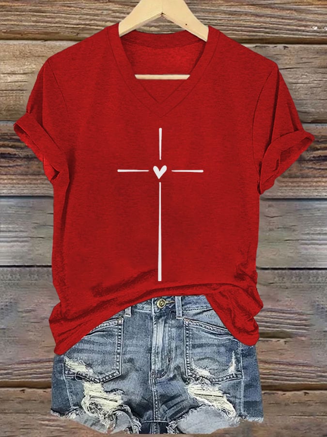 Women's Christian Faith Cross Printed V-Neck Short Sleeve T-Shirt