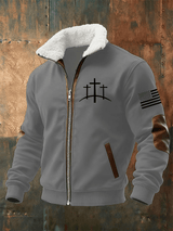 Men's Retro Faith Print Fur Collar Zip-Up Sweatshirt Jacket
