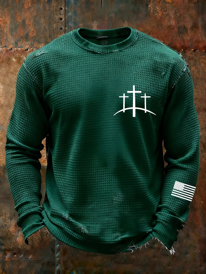 Men's Vintage Faith Cross Design Waffle Fabric Long Sleeve T-Shirt