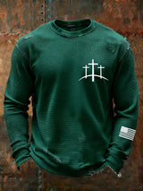 Men's Vintage Faith Cross Design Waffle Fabric Long Sleeve T-Shirt