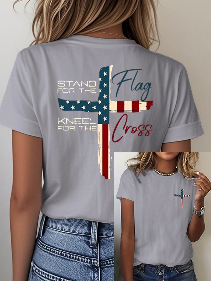 Women's Stand For The Flag Kneel For The Cross Printed Casual T-Shirt