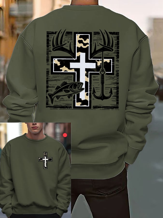 Men's Retro Faith Fishing Hunting Print Sweatshirt