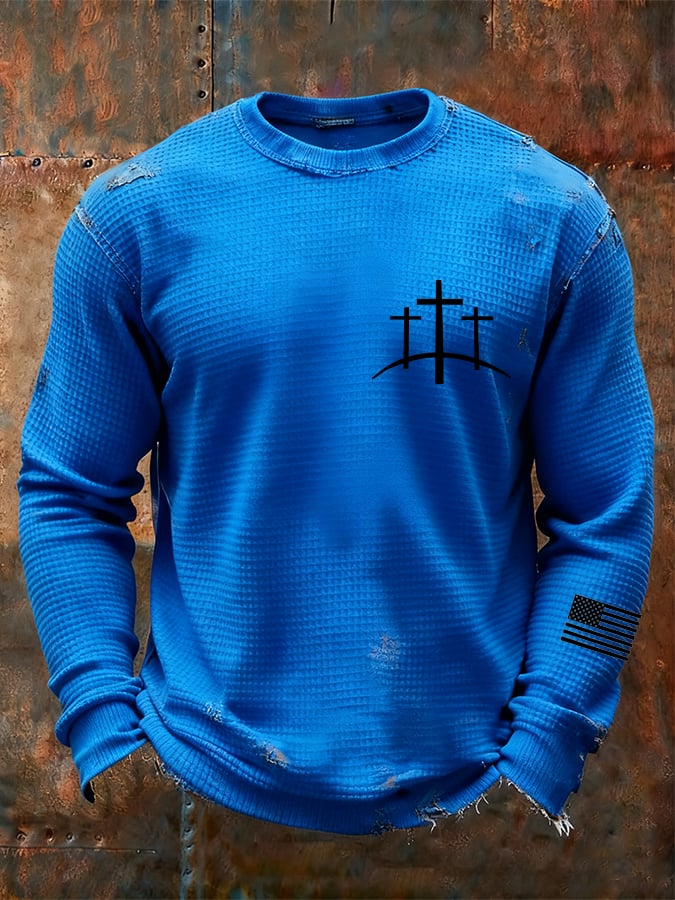 Men's Vintage Faith Cross Design Waffle Fabric Long Sleeve T-Shirt