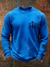 Men's Vintage Faith Cross Design Waffle Fabric Long Sleeve T-Shirt