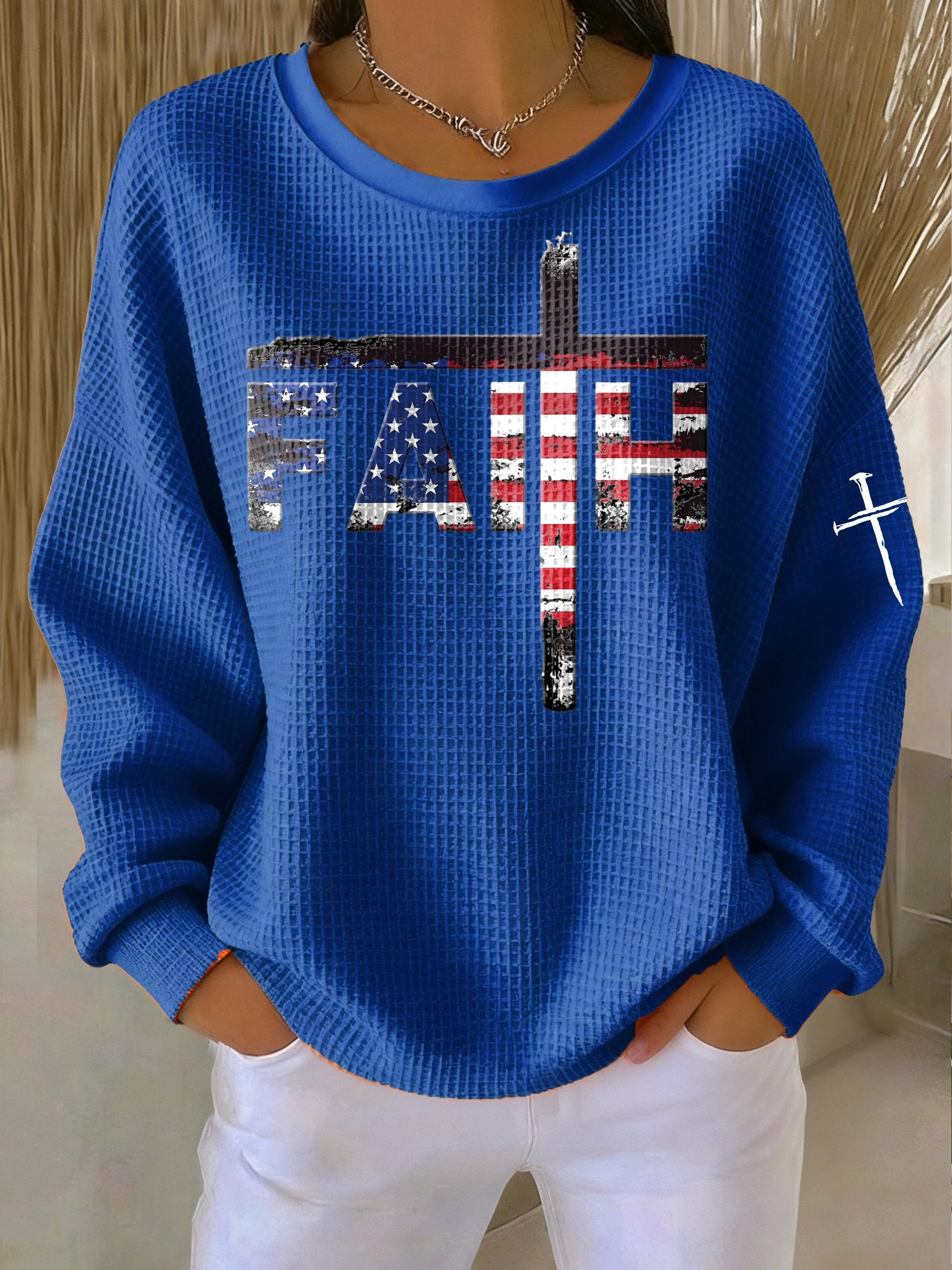 Women's Casual Faith Flag Waffle Sweatshirt