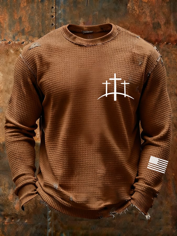 Men's Vintage Faith Cross Design Waffle Fabric Long Sleeve T-Shirt