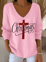 Women's Christmas Faith Print Knit Long Sleeve Top