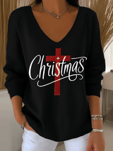 Women's Christmas Faith Print Knit Long Sleeve Top
