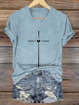 Women's Christian Faith Cross Printed V-Neck Short Sleeve T-Shirt
