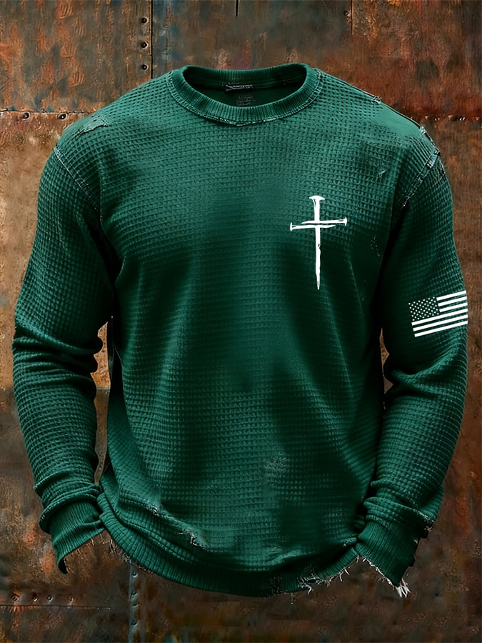 Men's Vintage Faith Cross Design Waffle Fabric Long Sleeve T-Shirt