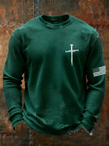 Men's Vintage Faith Cross Design Waffle Fabric Long Sleeve T-Shirt