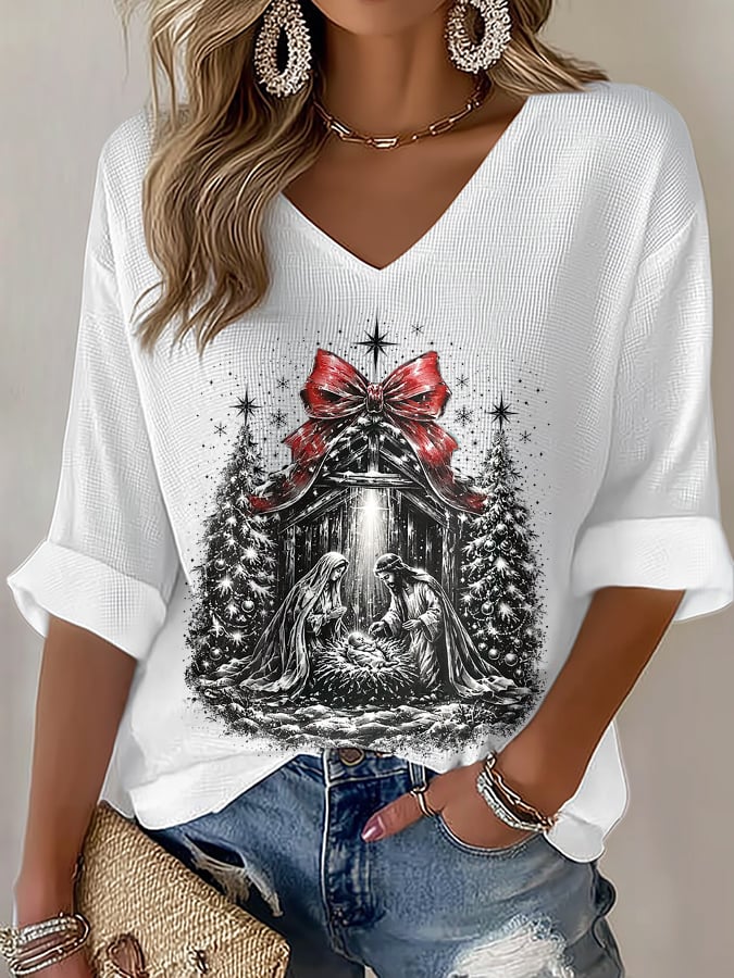 Women's Casual Printed Waffle Top