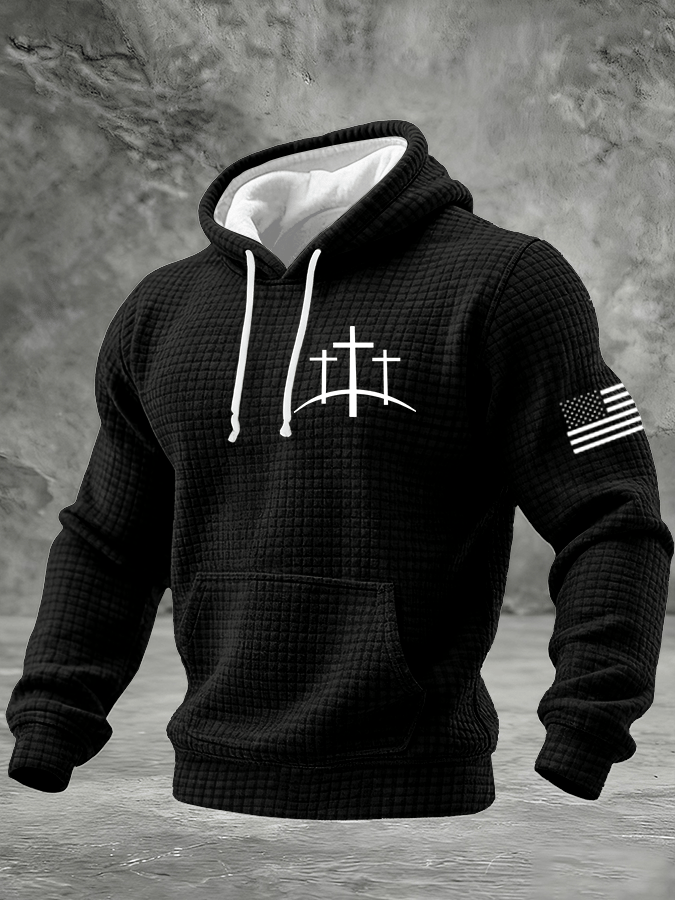 Men's Faith Print Checkered Fabric Hooded Sweatshirt