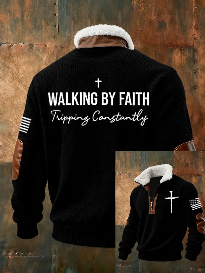 Men's Faith Cross Walking by Faith Tripping Constantly Print Zipper Fur Collar Long-Sleeve Sweatshirt