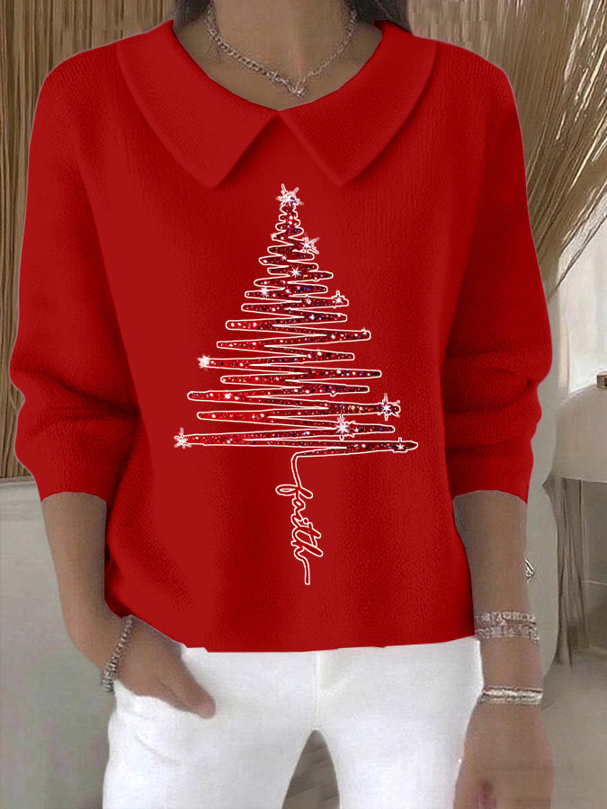 Women's Christmas Art Print Collar Knit Top