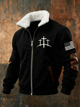 Men's Retro Faith Print Fur Collar Zip-Up Sweatshirt Jacket