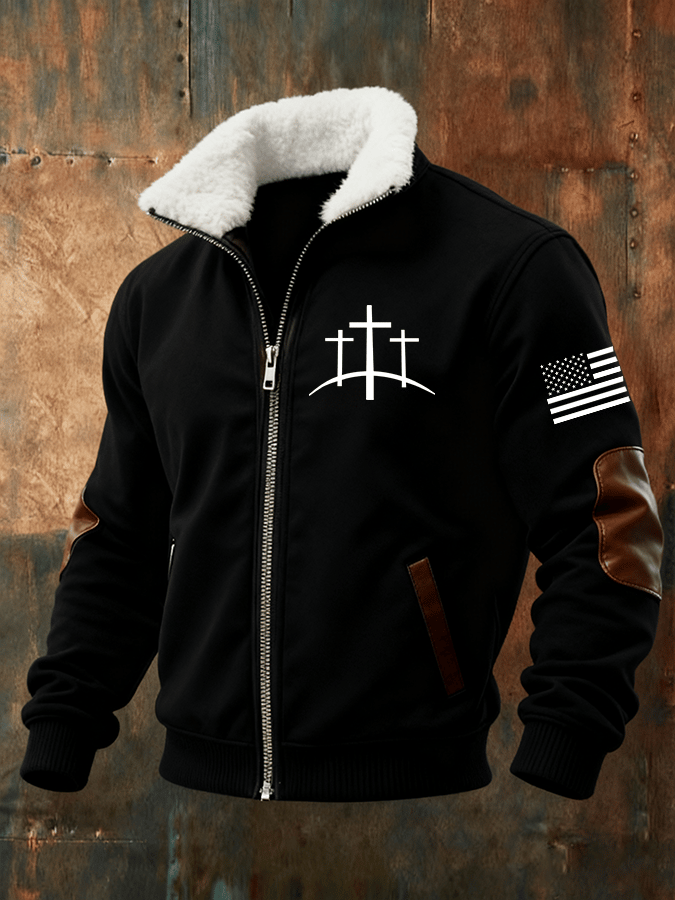 Men's Retro Faith Print Fur Collar Zip-Up Sweatshirt Jacket