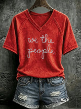 V Neck Retro We The People No Kings Print T-Shirt
