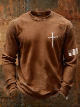 Men's Vintage Faith Cross Design Waffle Fabric Long Sleeve T-Shirt