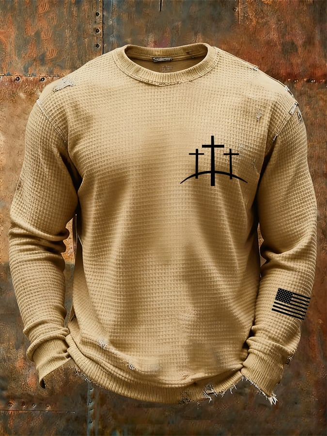 Men's Vintage Faith Cross Design Waffle Fabric Long Sleeve T-Shirt
