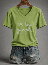 V-Neck Retro We The People No Kings Print T-Shirt