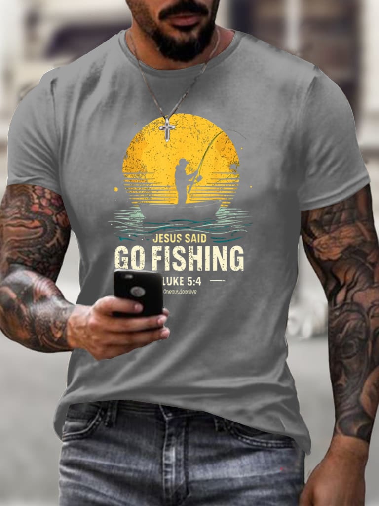 Men's Jesus Said Go Fishing Printed Casual T-shirt