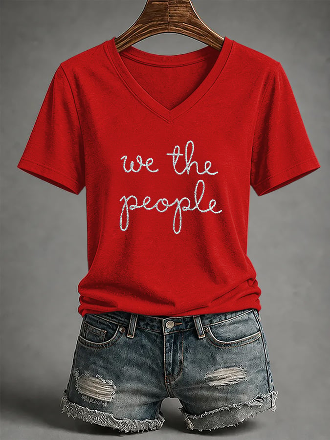 V-Neck Retro We The People No Kings Print T-Shirt