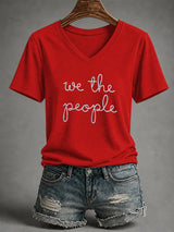 V-Neck Retro We The People No Kings Print T-Shirt