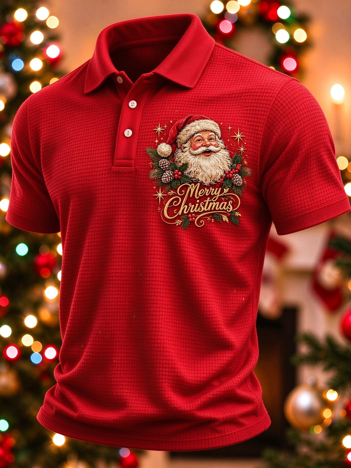 Men's Christmas Print Short-Sleeve Waffle Polo Shirt