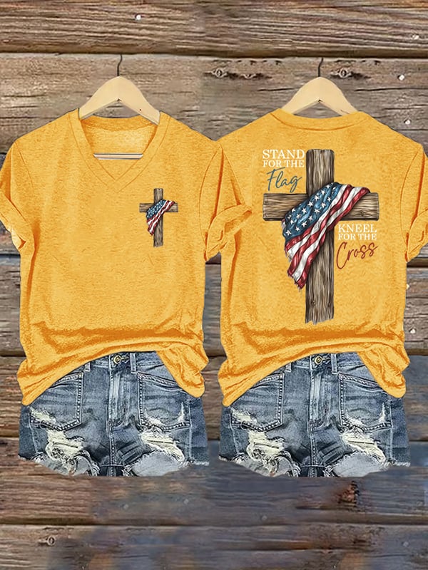 Women's Stand For The Flag Kneel For The Cross Printed Casual T-Shirt