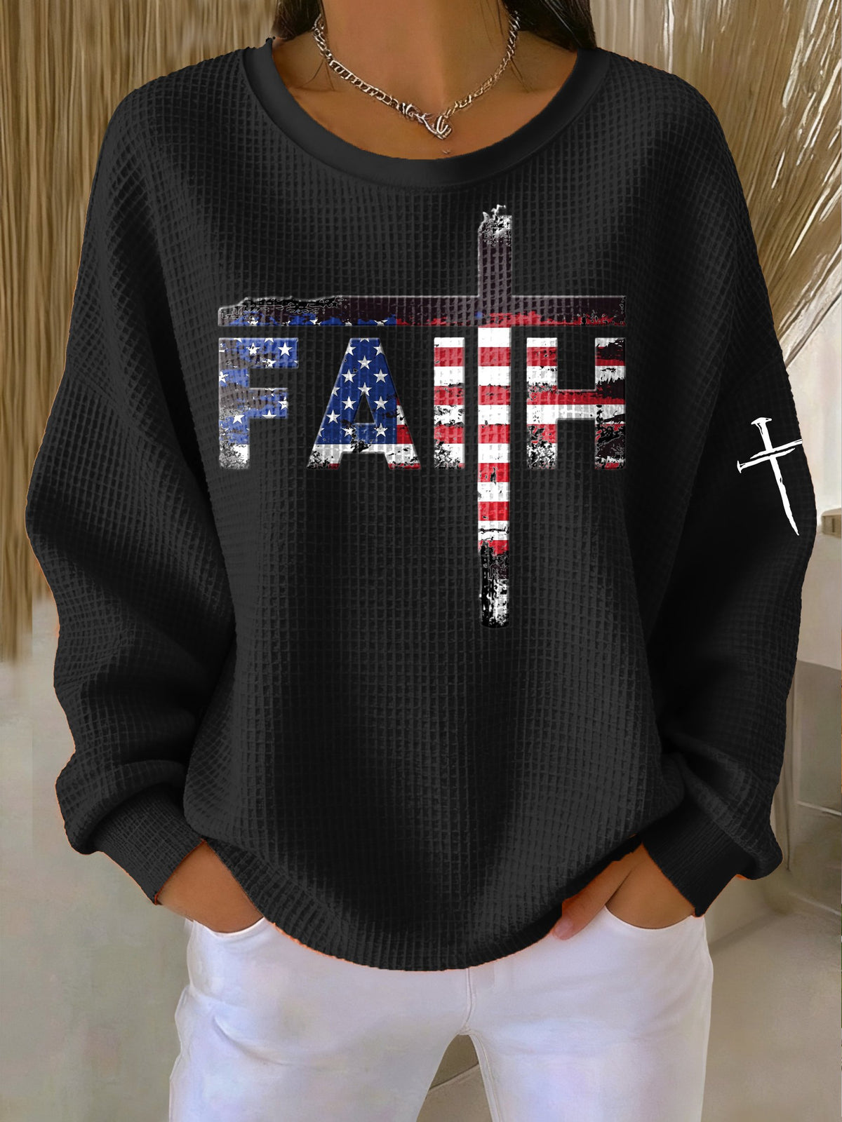 Women's Casual Faith Flag Waffle Sweatshirt