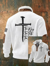 Men's Faith Cross The Way, The Truth, The Life Print Zipper Fur Collar Long-Sleeve Sweatshirt