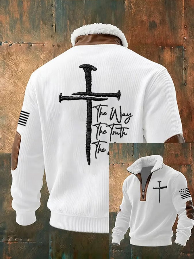 Men's Faith Cross The Way, The Truth, The Life Print Zipper Fur Collar Long-Sleeve Sweatshirt
