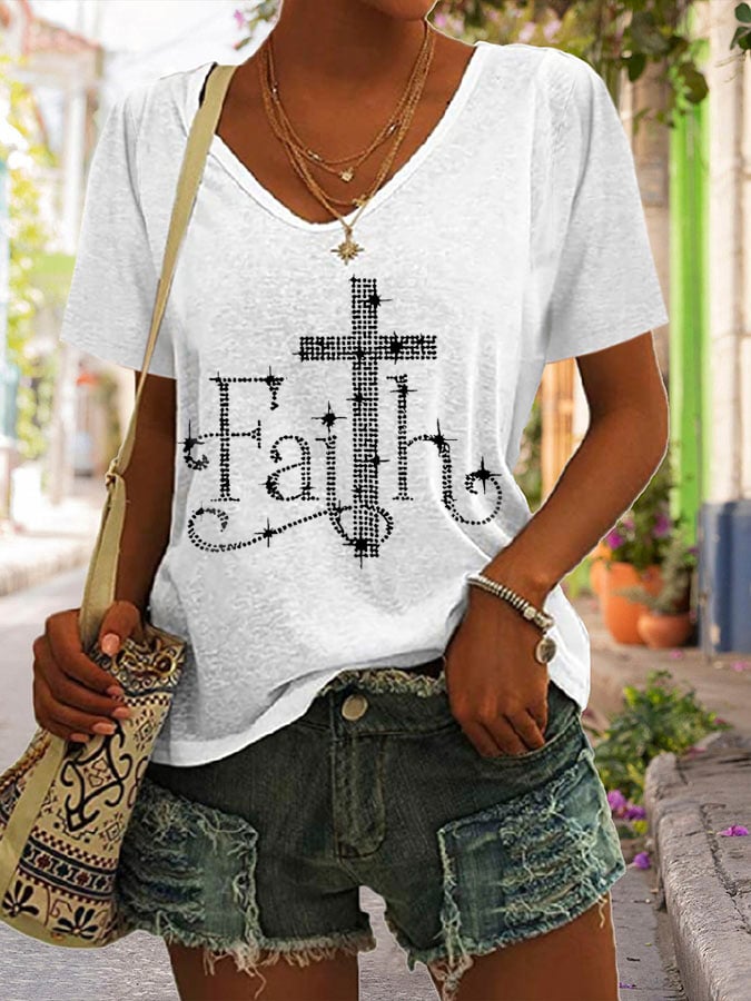Women's Retro Faith Print V-Neck T-Shirt