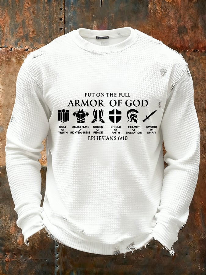 Men's Vintage Faith “Put on The Full Armor of God ” Design Waffle Fabric Long Sleeve T-Shirt