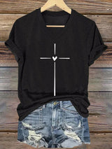 Women's Christian Faith Cross Printed V-Neck Short Sleeve T-Shirt