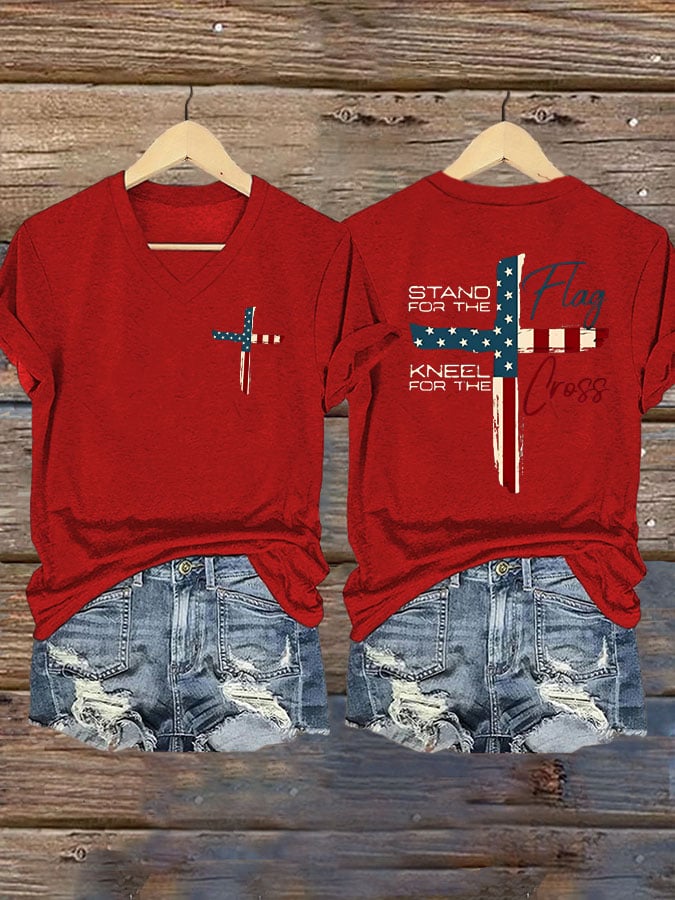 Women's Stand For The Flag Kneel For The Cross Printed Casual T-Shirt