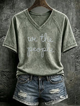 V Neck Retro We The People No Kings Print T-Shirt